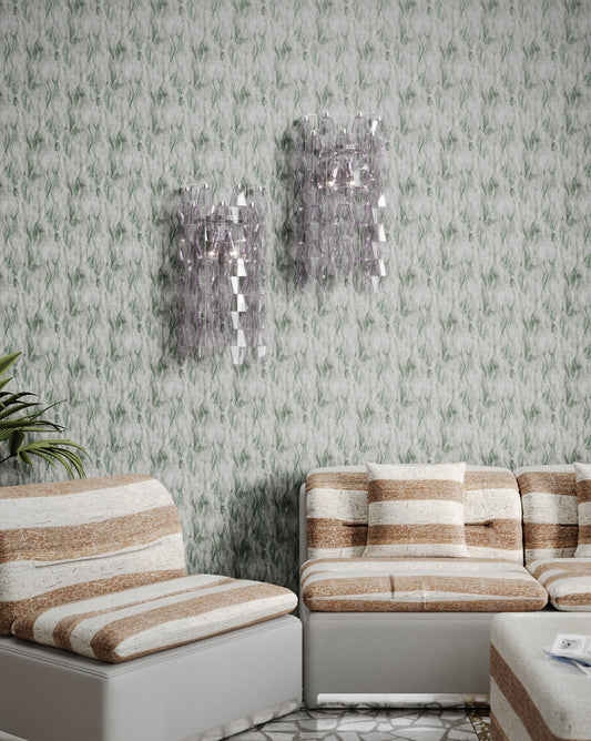Eskayel's Cascade Tourmaline wallpaper in green shades installed in a living room.