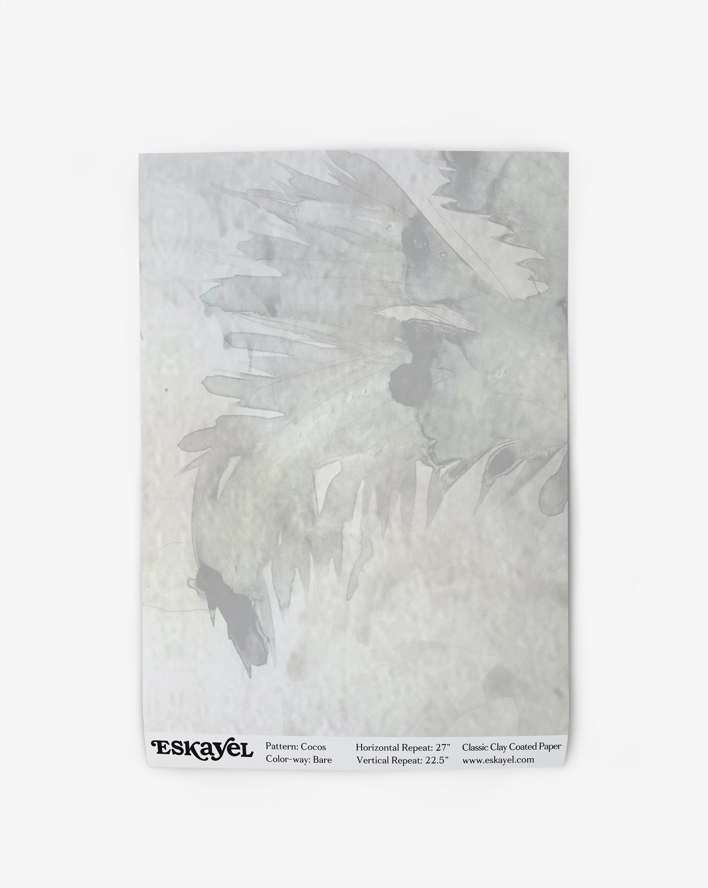 A Cocos Wallpaper||Bare sample featuring a subtle, abstract floral pattern in grayscale, with details of pattern name and dimensions at the bottom.