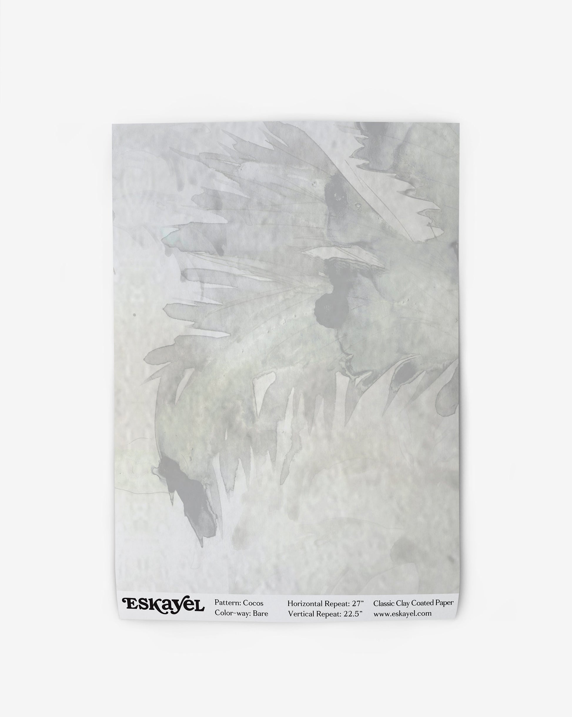 A Cocos Wallpaper||Bare sample featuring a subtle, abstract floral pattern in grayscale, with details of pattern name and dimensions at the bottom.