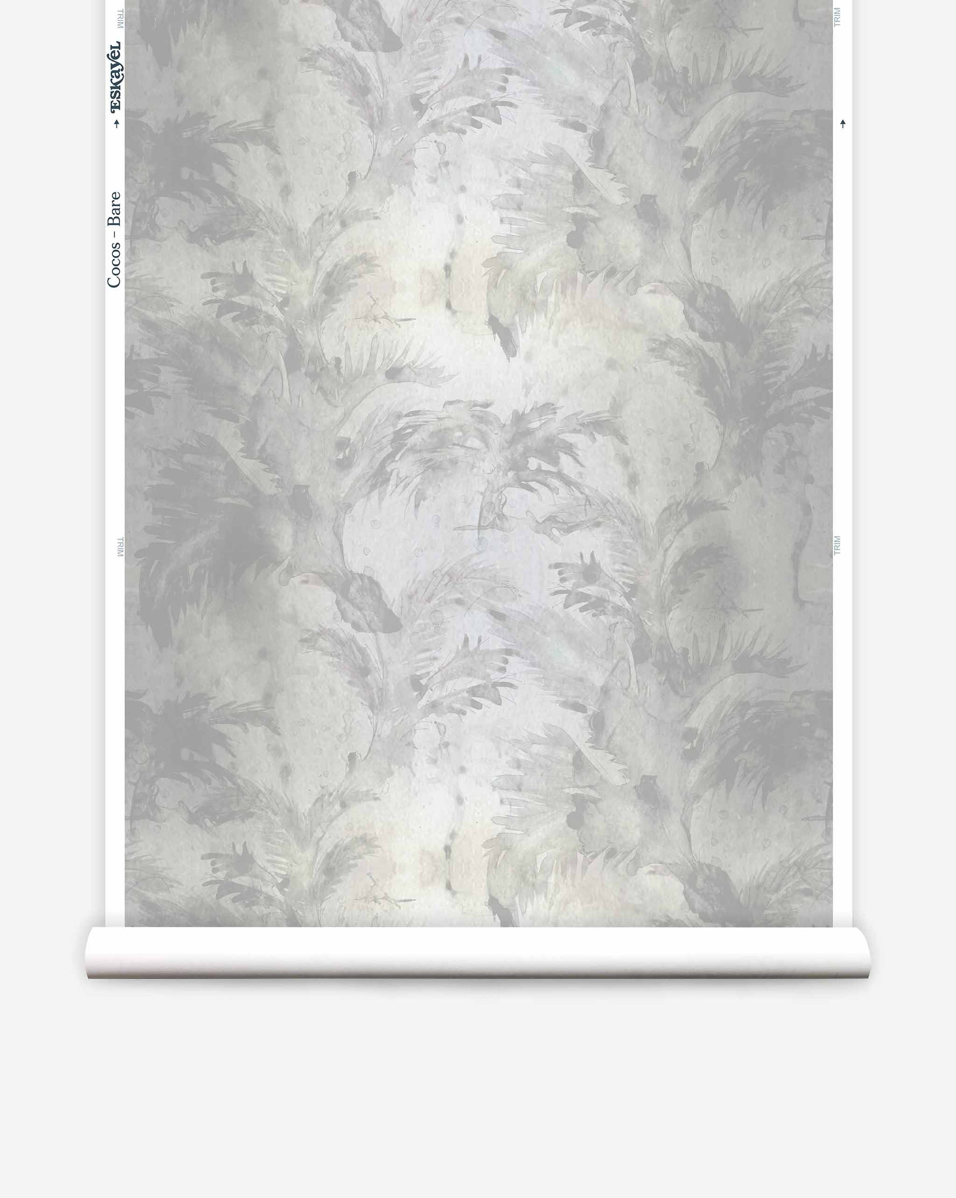 A luxury Cocos Wallpaper with palm tree motifs and Cocos accents in white and gray