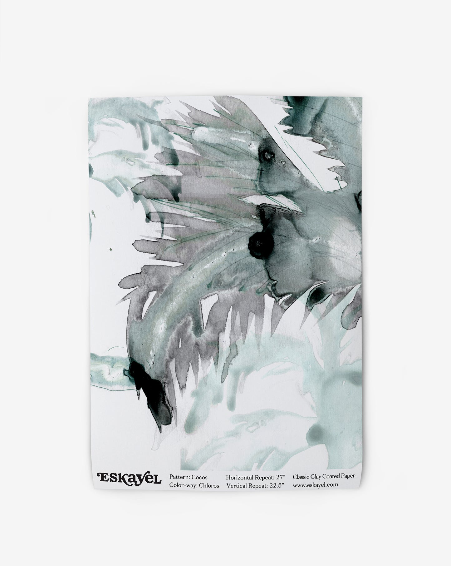 A Cocos Wallpaper Sample featuring an abstract watercolor design in shades of green and black with the label "eskayel, pattern: chios, color: green" at the bottom needs more detailed content.