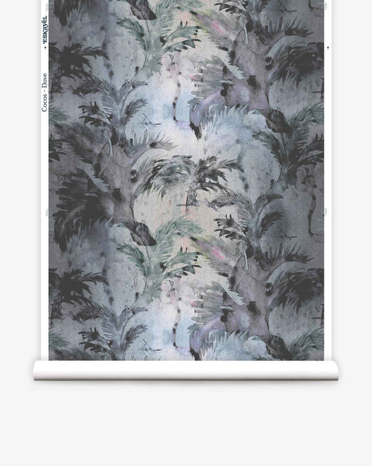 Cocos Wallpaper Dove with a painting of palm trees and birds on it.