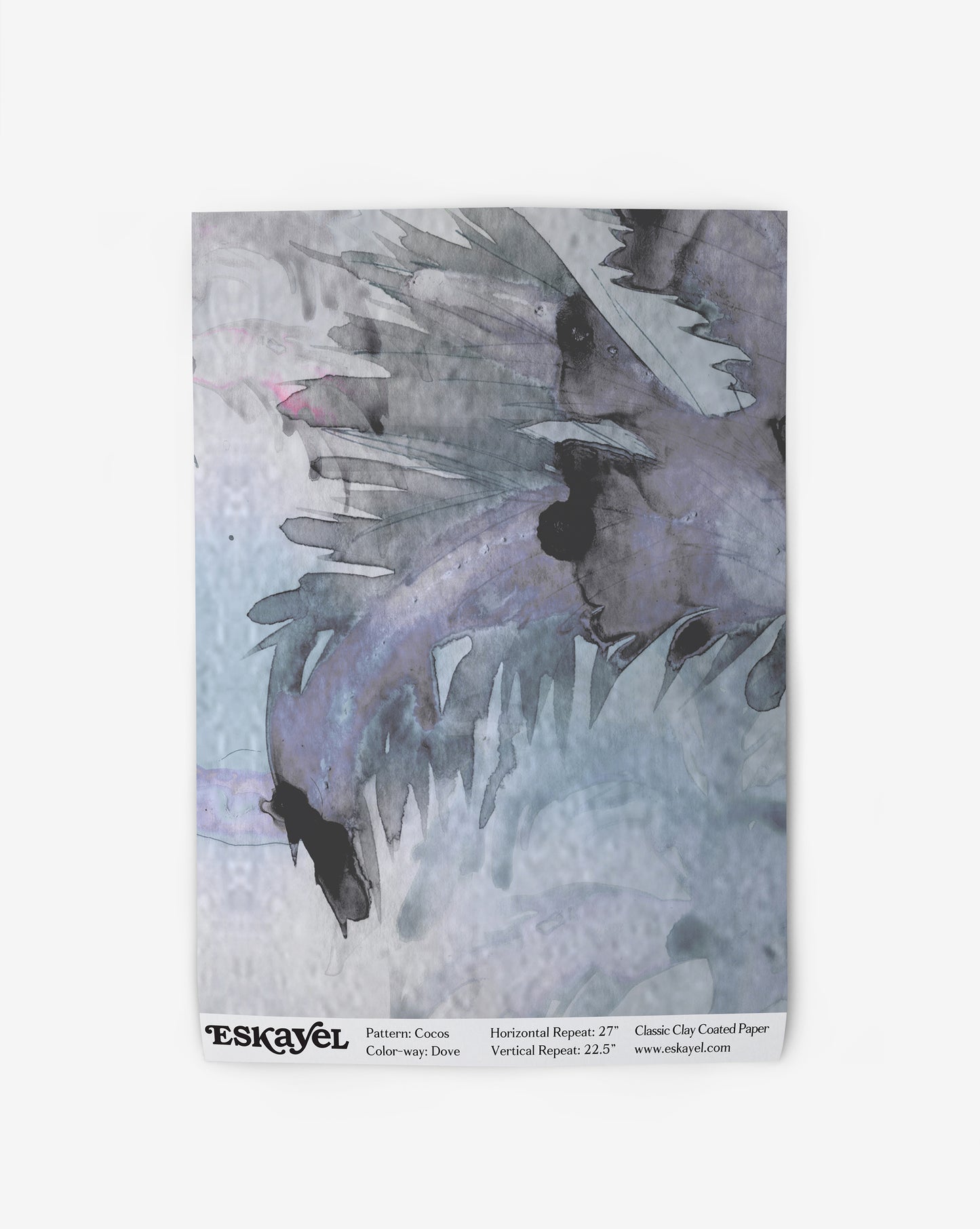 Order a sample of the Eskayel Cocos Wallpaper Sample||Dove swatch named "Cocos, Dove," featuring abstract, feather-like patterns in muted blues and grays, displayed on a white background.