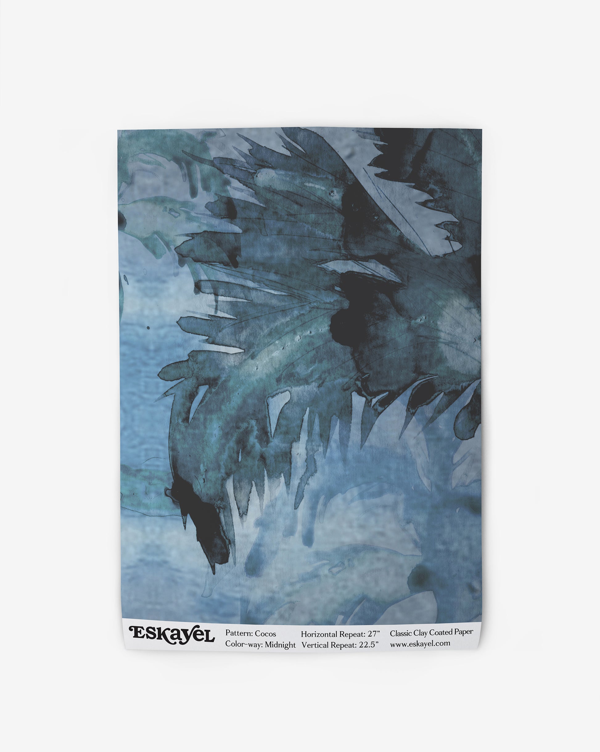 Abstract watercolor Cocos Wallpaper||Midnight fabric swatch in shades of blue with a high-end, organically textured pattern, displayed against a white background.