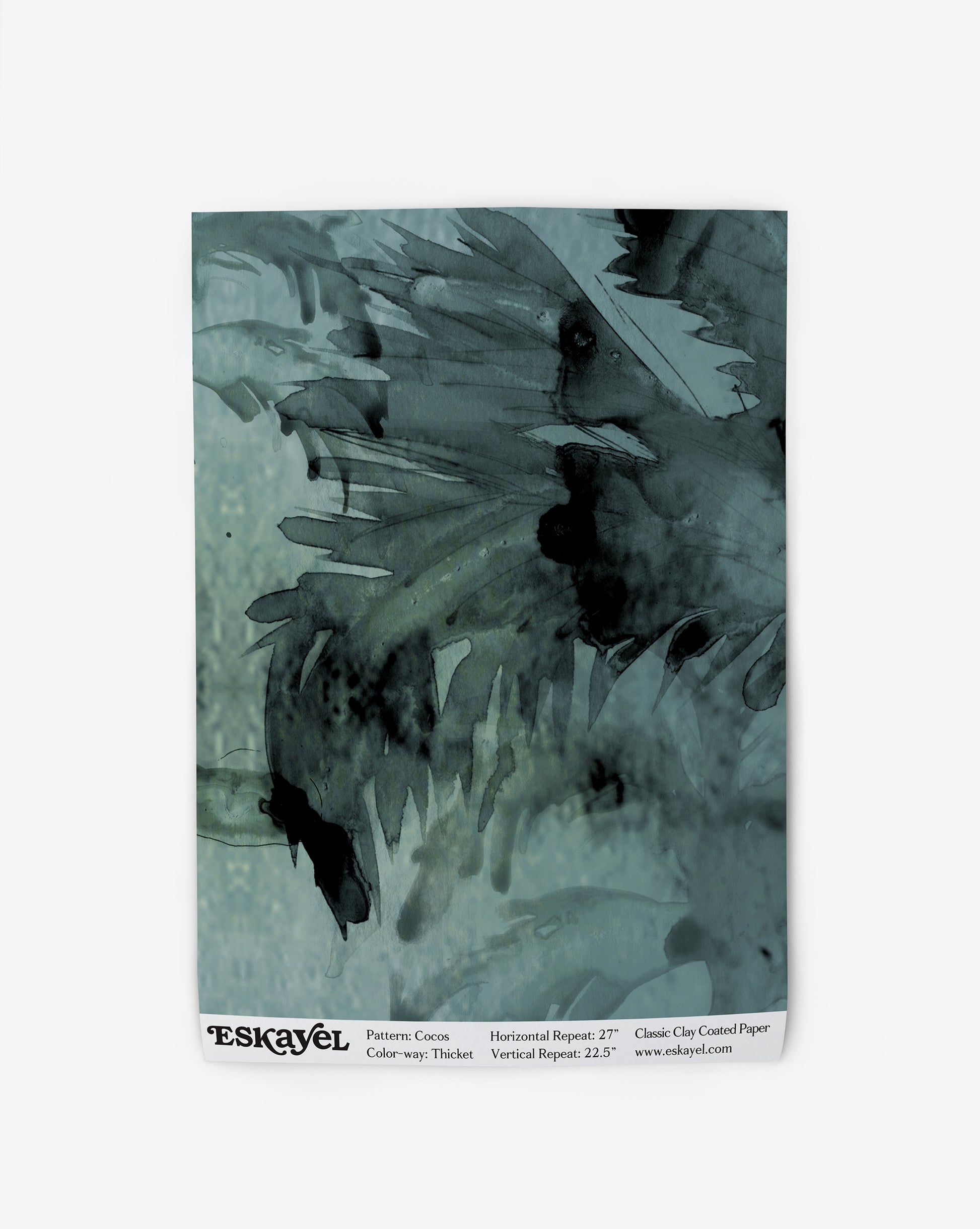 Abstract watercolor design in shades of blue and green with a Cocos Wallpaper||Thicket label including pattern name and dimensions at the bottom, perfect for luxury wallpapers.