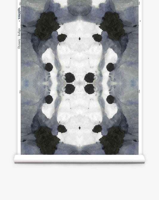 A Dynasty Wallpaper in Indigo with an ink blot design on wallpaper.