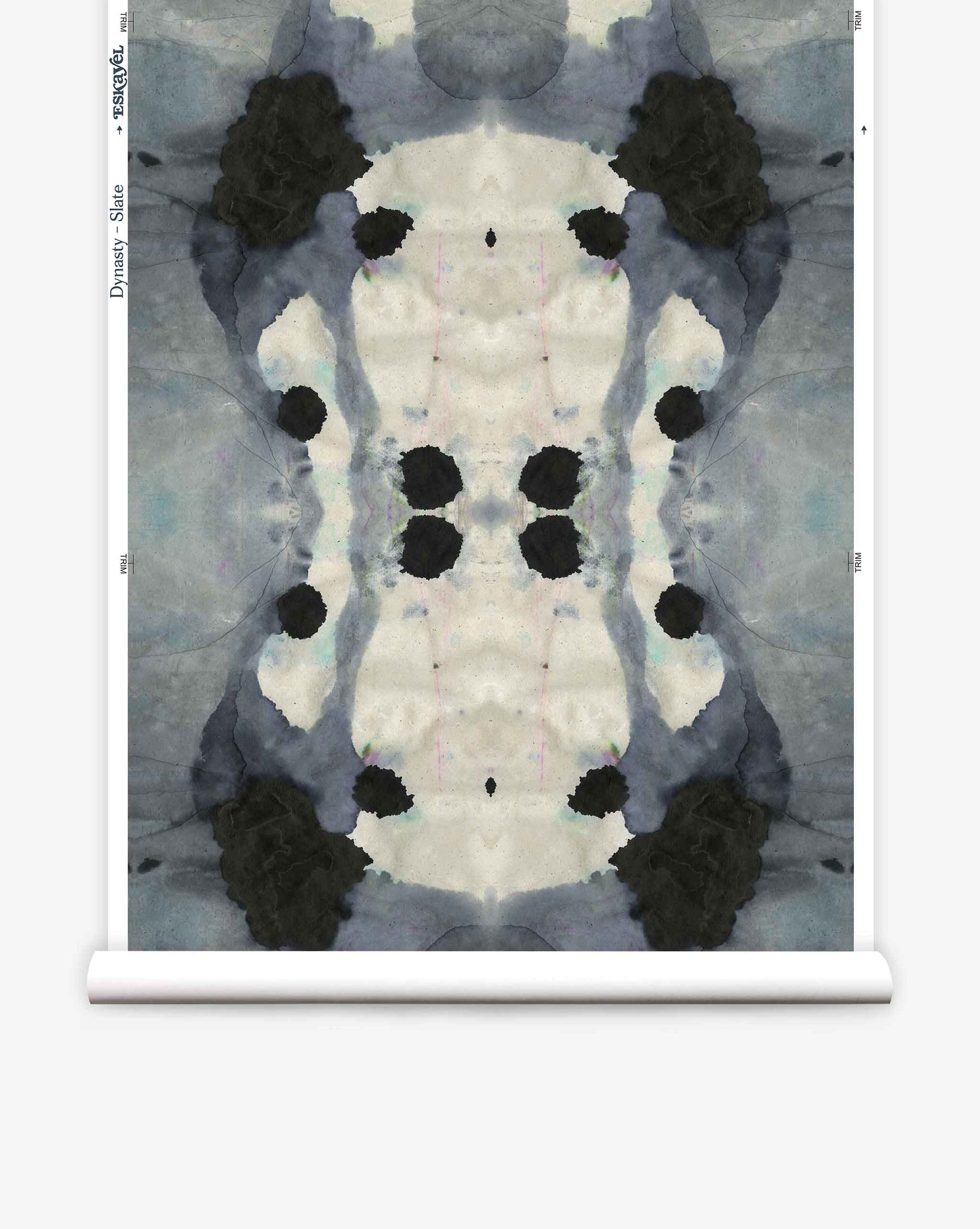 A blue and black ink blot design on a roll of high-end wallpaper is a Dynasty Slate.