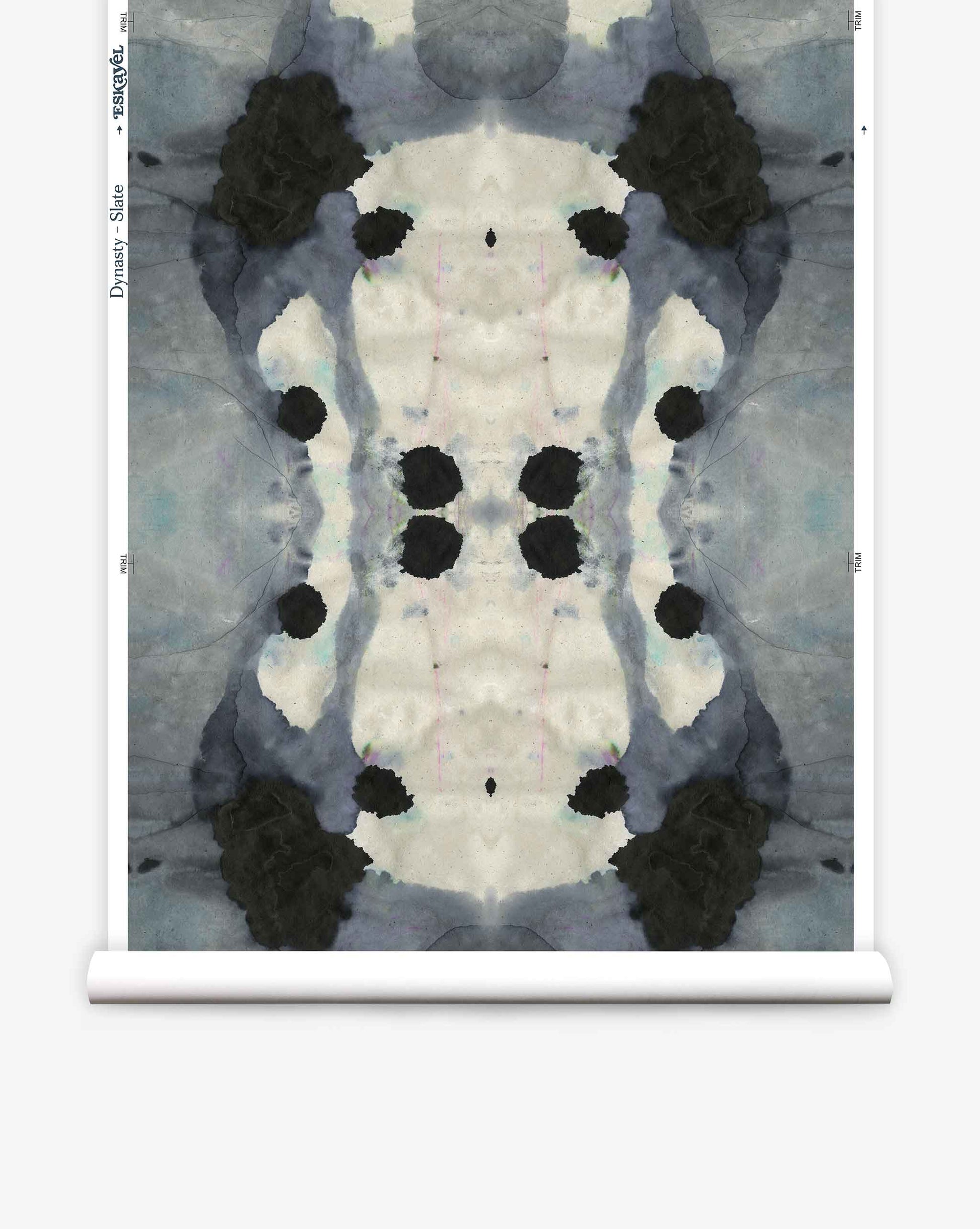 A blue and black ink blot design on a roll of high-end wallpaper is a Dynasty Slate.