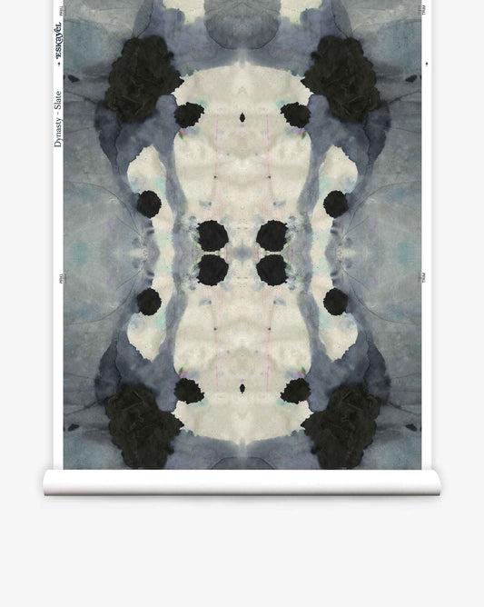 A blue and black ink blot design on a roll of high-end wallpaper is a Dynasty Slate.
