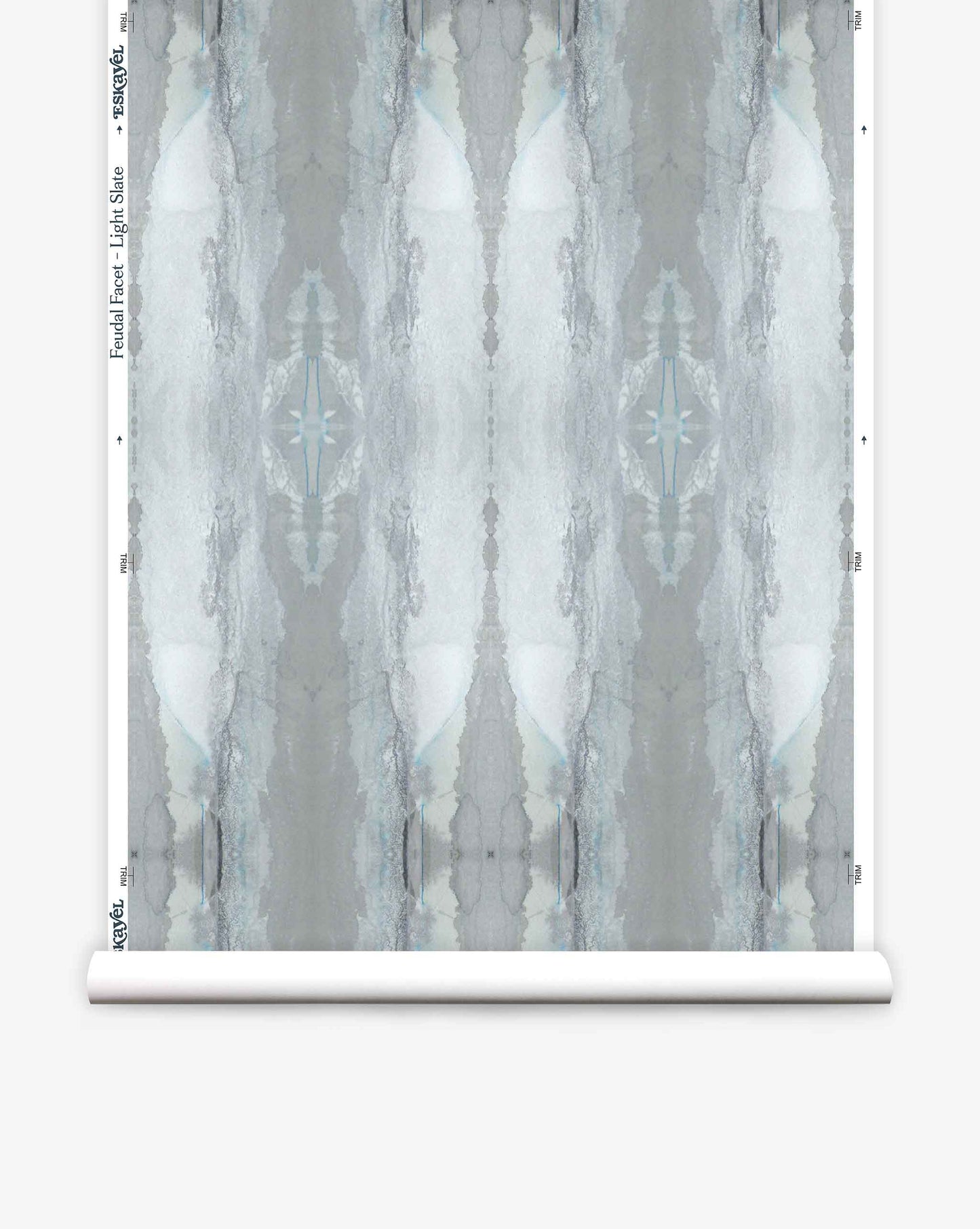 A roll of Feudal Facet Light Slate wallpaper with intricate designs.