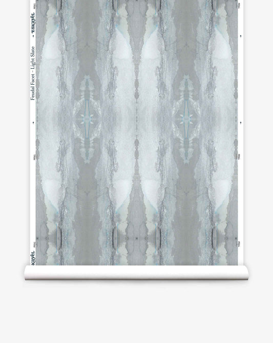 A roll of Feudal Facet Light Slate wallpaper with intricate designs.
