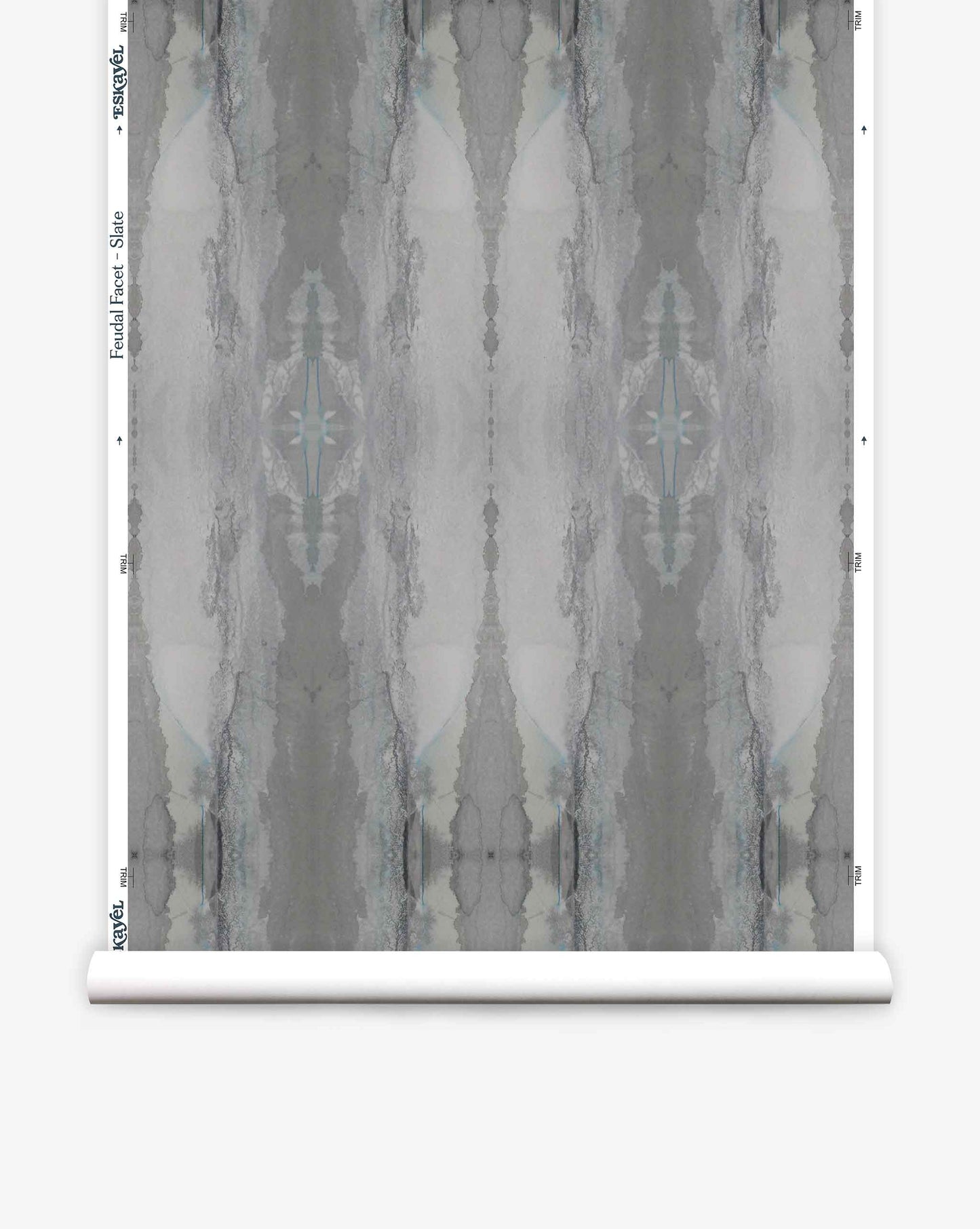 Roll of Feudal Facet Wallpaper||Slate from the Era Collection with a symmetrical Light Slate and white abstract pattern, displayed unrolled vertically.