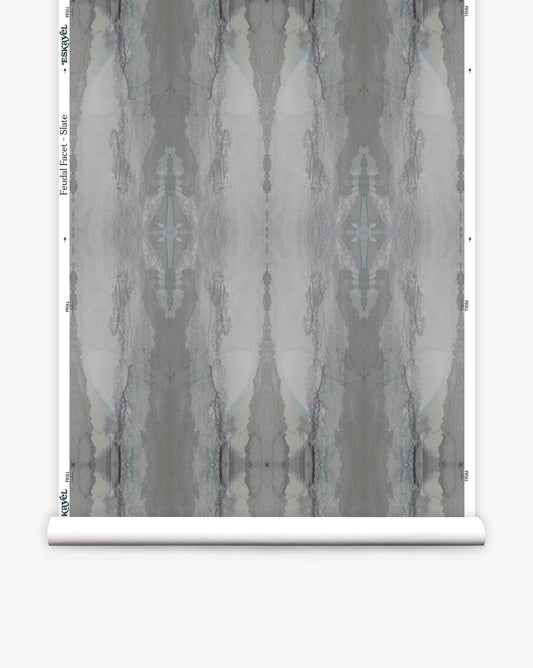 Roll of Feudal Facet Wallpaper||Slate from the Era Collection with a symmetrical Light Slate and white abstract pattern, displayed unrolled vertically.