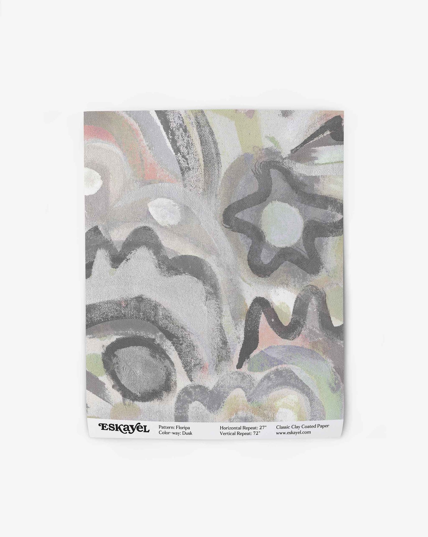 Floripa wallpaper swatch in the colorway dusk has shades of grey with hints of yellow and orange.