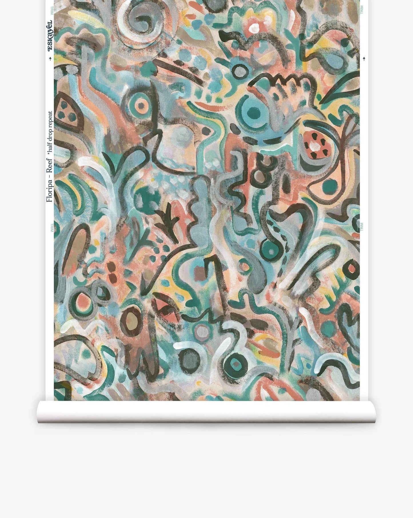 Eskayel’s Floripa custom wallpaper in Reef is a multicolor colorway with salmon and turquoise tones.