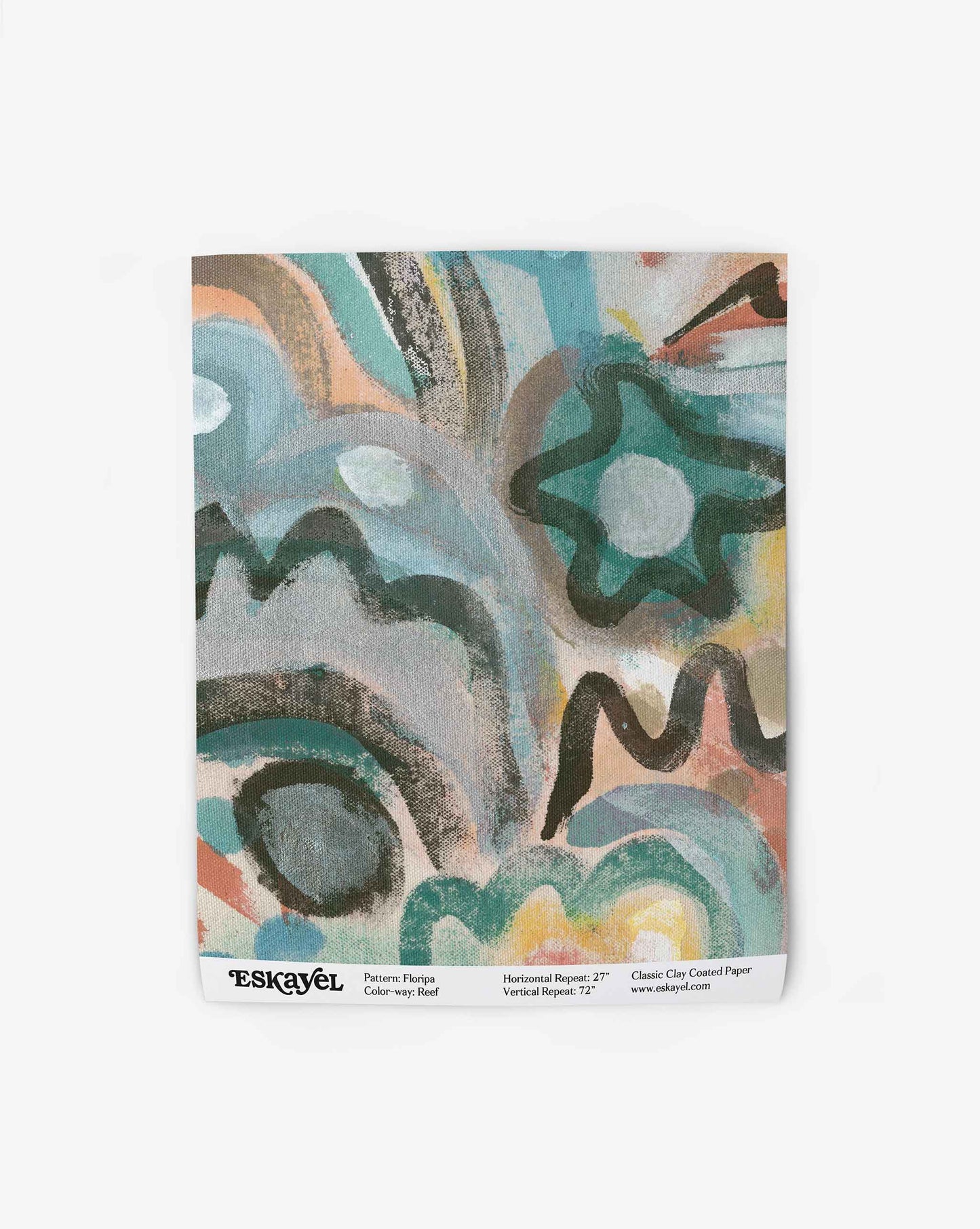 A swatch image of Floripa's wallpaper in the colorway Reef with salmon and turquoise palette.