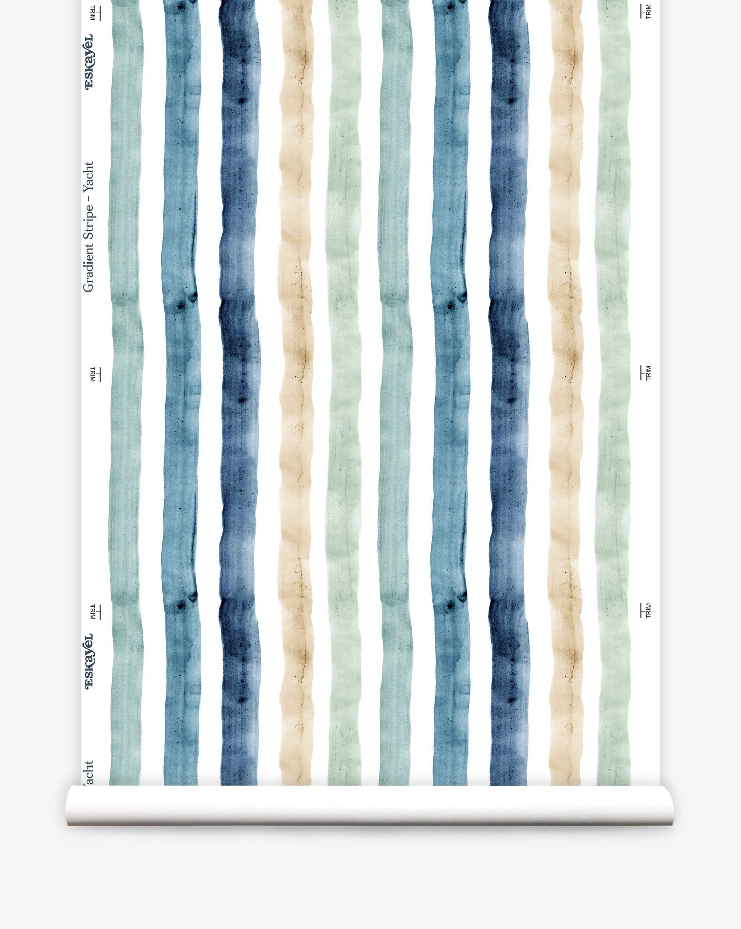 A roll of custom wallpaper named "Gradient Stripe Wallpaper||Yacht" showcases vertical watercolor stripes in shades of blue, beige, and green. The design exudes a subtle nautical pattern, making it perfect for coastal-inspired interiors.