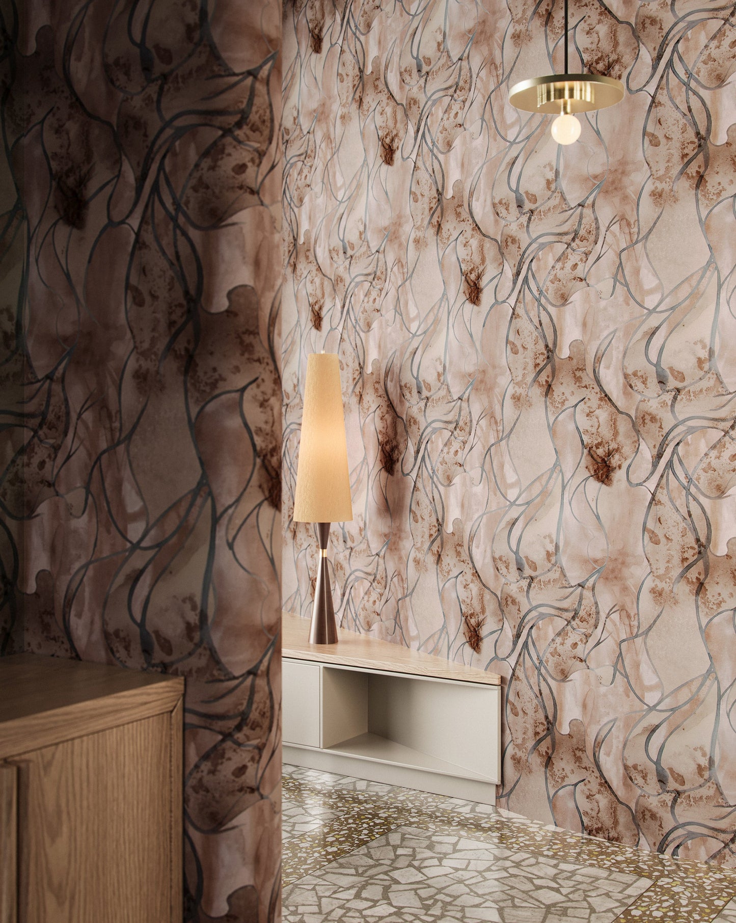 Eskayel's Hibiscus Lily Amber wallpaper is a palette of beige, grey, and brown installed in a hallway.