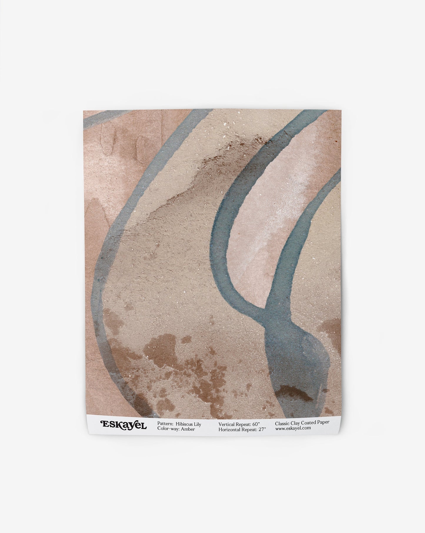 Hibiscus Lily Wallpaper Sample in the color way garnet in shades of brown, blue, and beige.