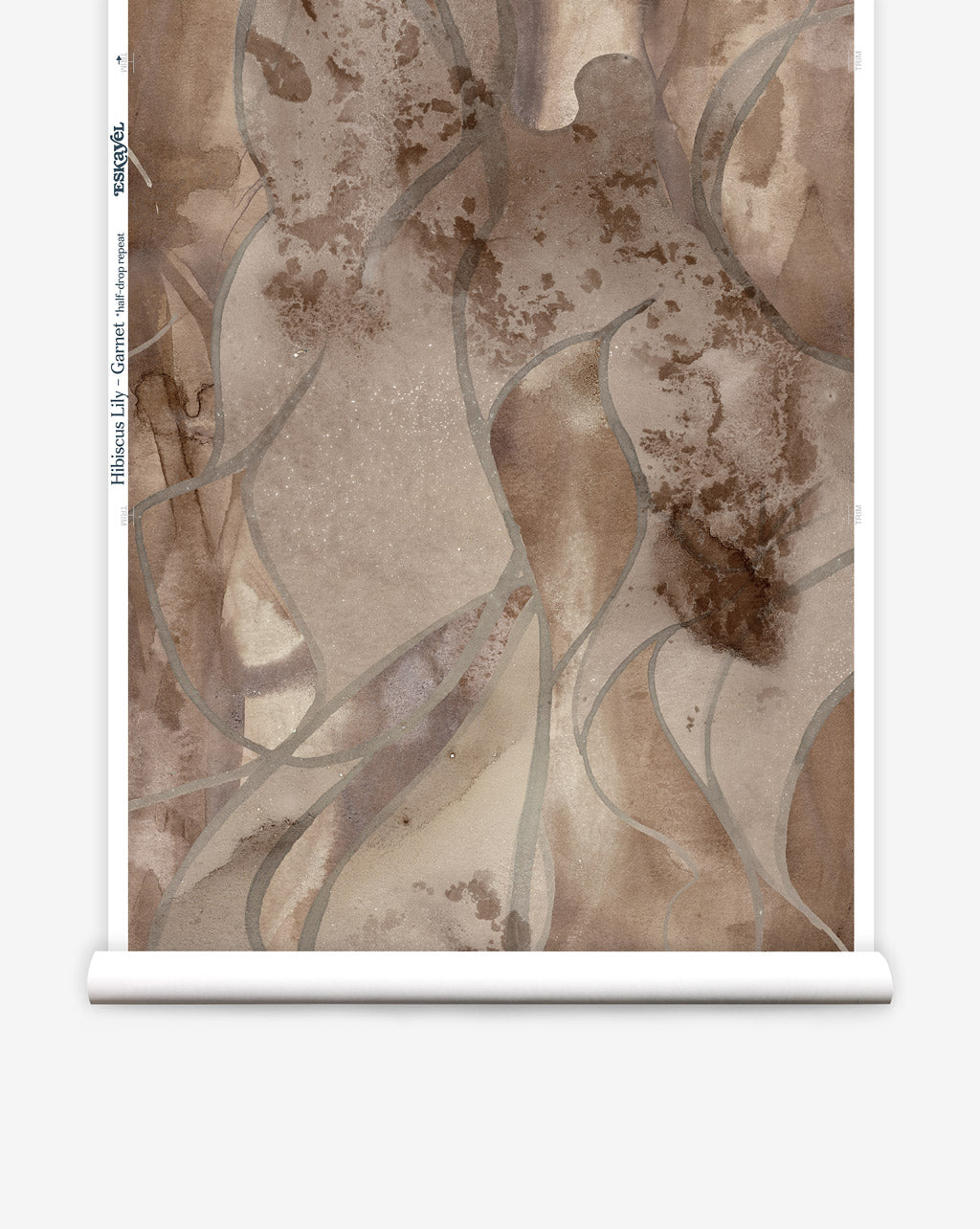 A brown palette is used in Eskayel’s Hibiscus Lily wallpaper in the Garnet colorway.