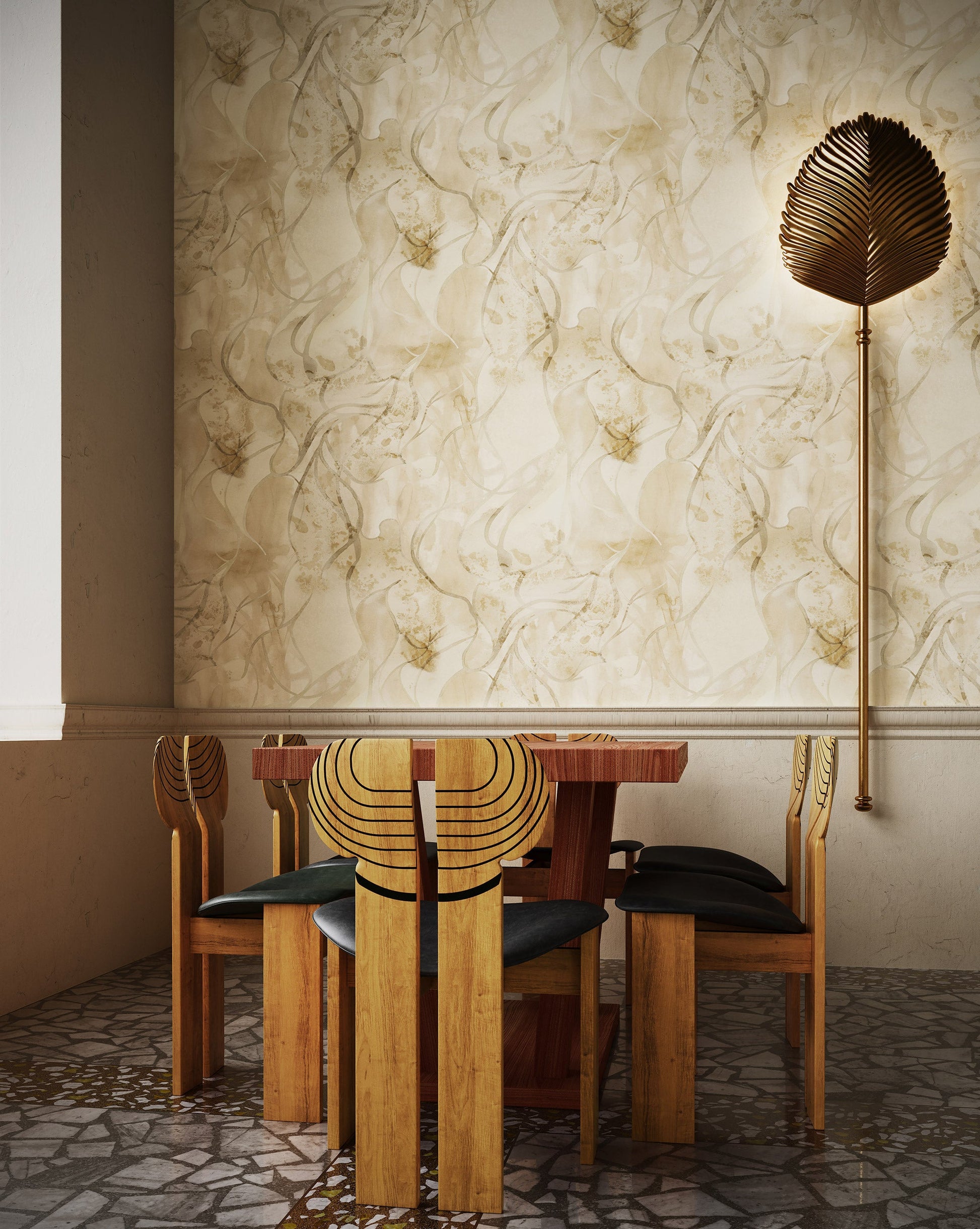 Eskayel's Hibiscus Lily Pearl wallpaper is a yellow hued pattern installed in a dining room.