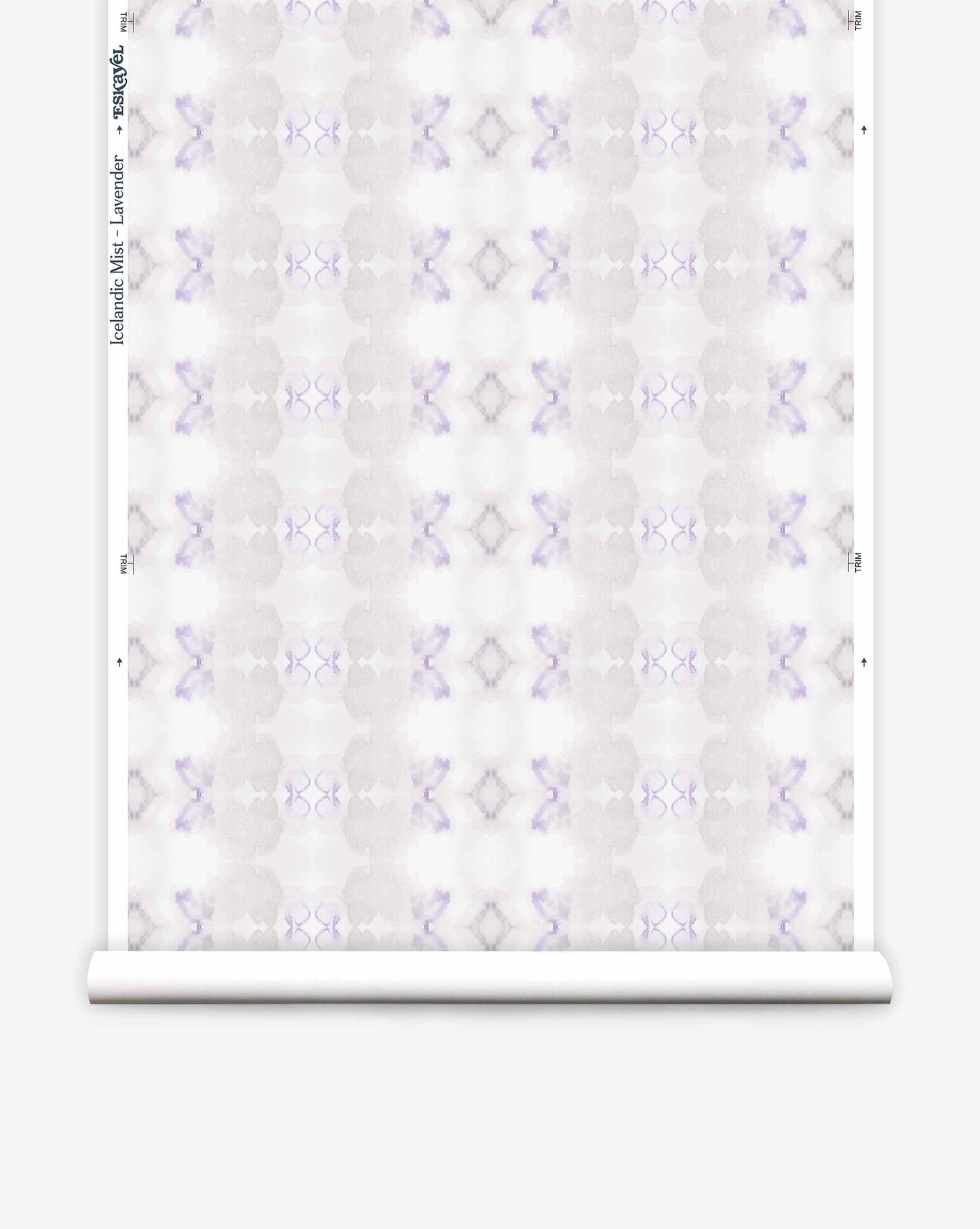 A luxurious Icelandic Mist Wallpaper in Lavender features a white and purple pattern.