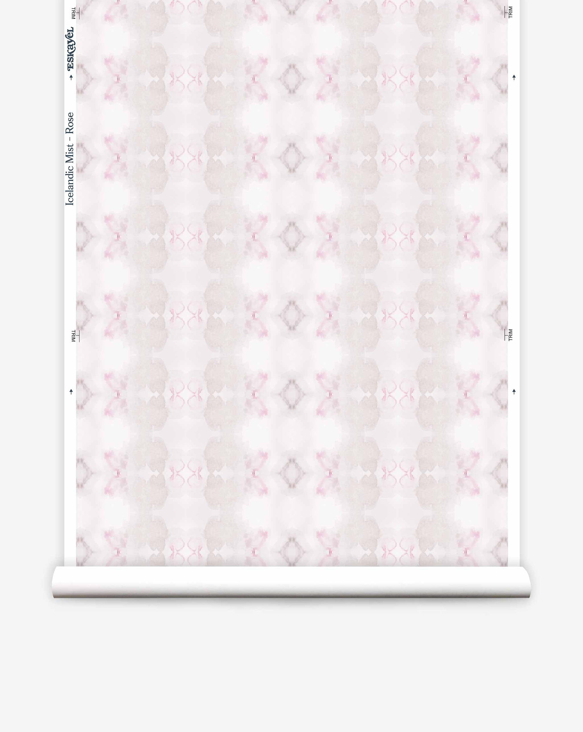 Icelandic Mist Wallpaper roll featuring a pink and white geometric floral pattern displayed against an Icelandic Mist background, viewed rolled out.