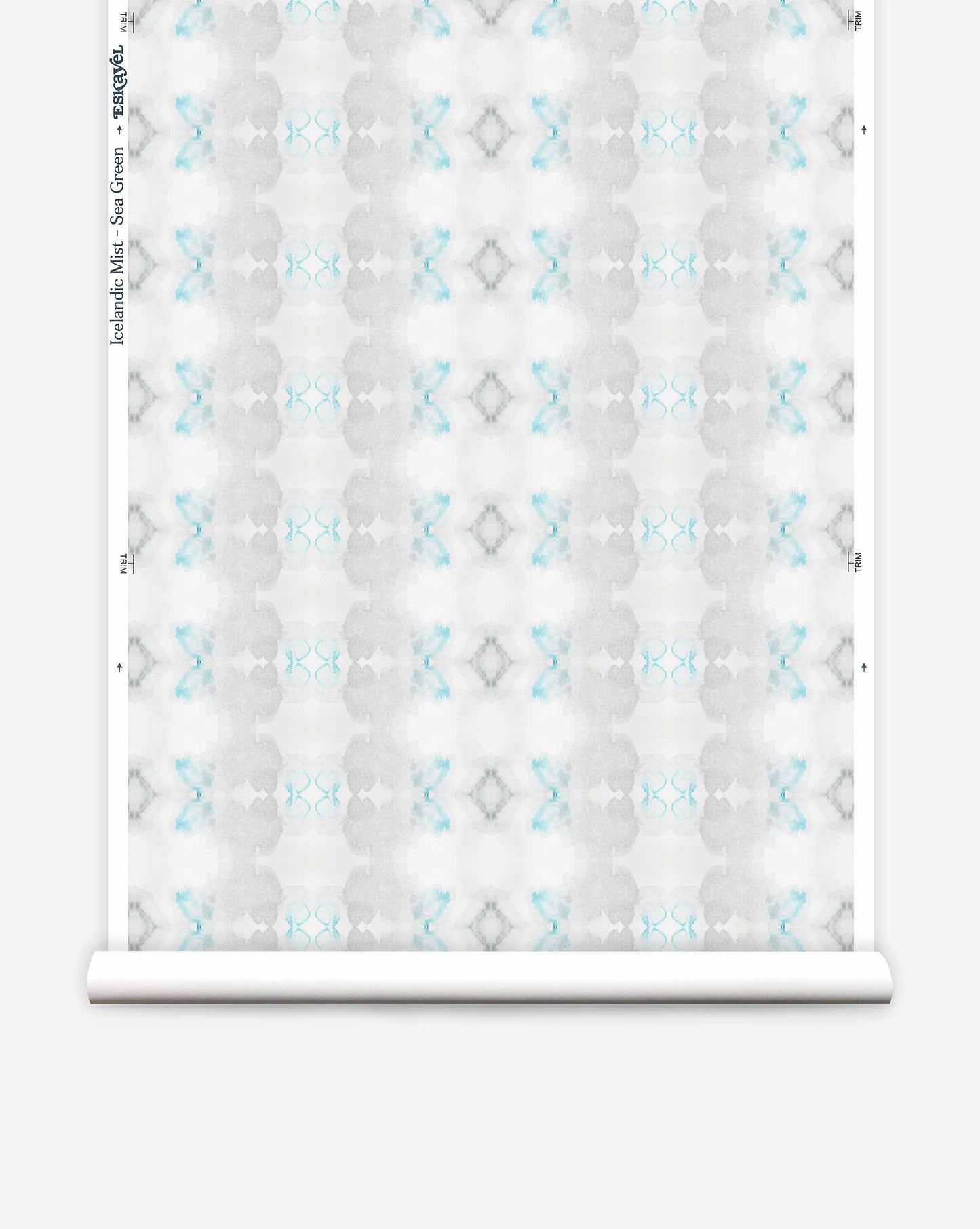 A luxurious Icelandic Mist Wallpaper in the Sea Green colorway on a roll of luxury wallpaper.
