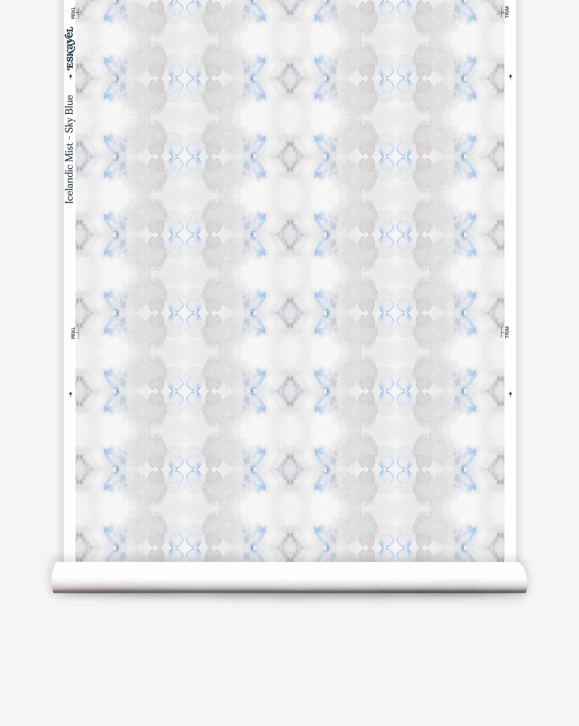 A scroll of Icelandic Mist Wallpaper||Sky Blue featuring a repetitive, symmetrical sky blue and Icelandic mist pattern on a white background, displayed vertically.