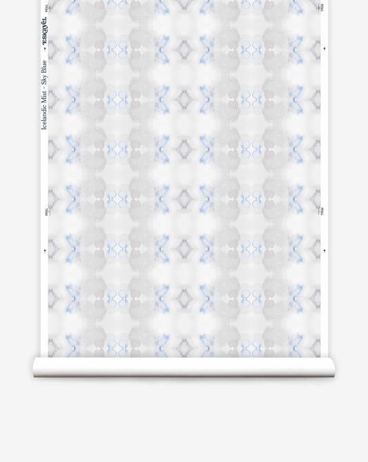 A scroll of Icelandic Mist Wallpaper||Sky Blue featuring a repetitive, symmetrical sky blue and Icelandic mist pattern on a white background, displayed vertically.