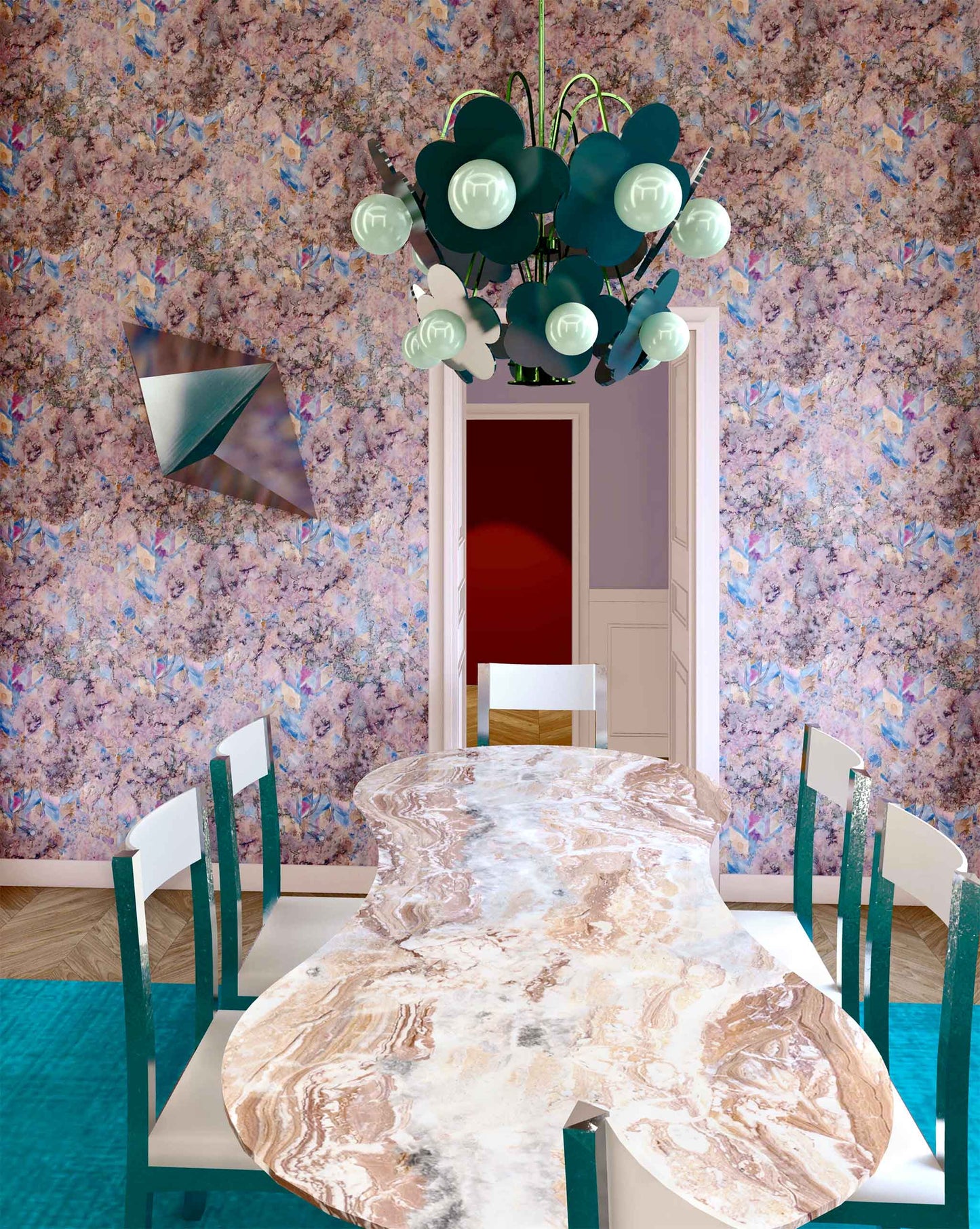 A dining room with a table and chairs in a Reef colorway, featuring the Inflorescence Wallpaper Reef design on custom wallpaper