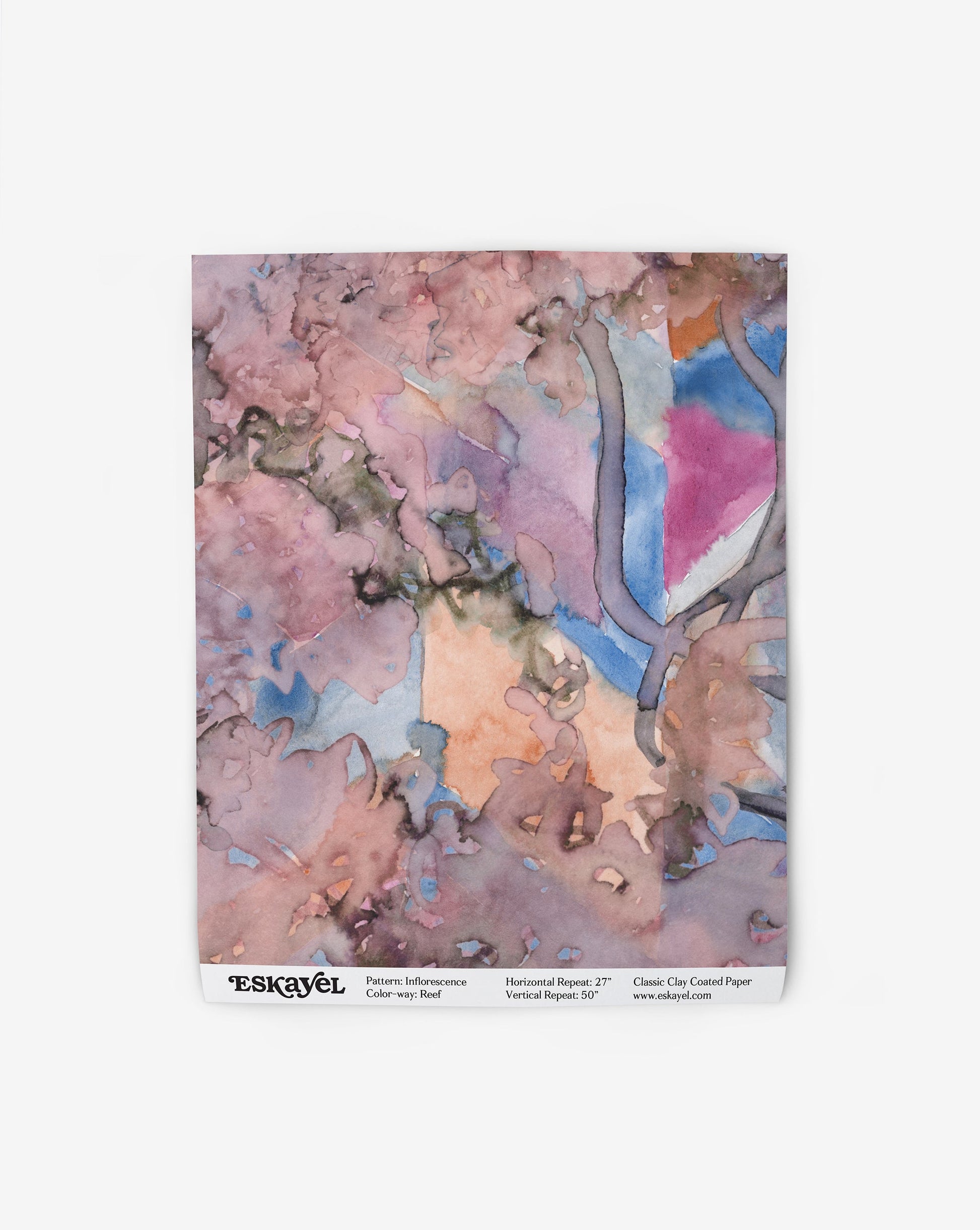 A pink, purple, and blue abstract painting with an Inflorescence Wallpaper Reef design on wallpaper