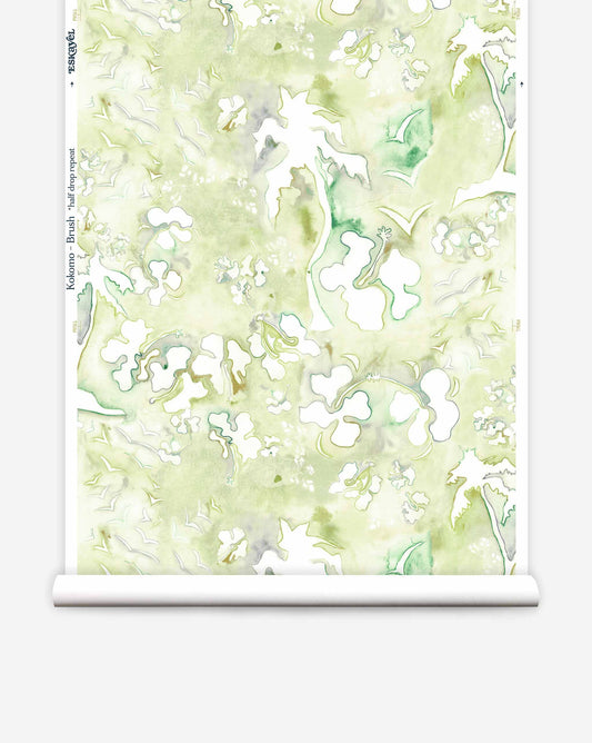Based on an imaginary tropical landscape, Eskayel’s Kokomo wallpaper in Brush features shades of green.