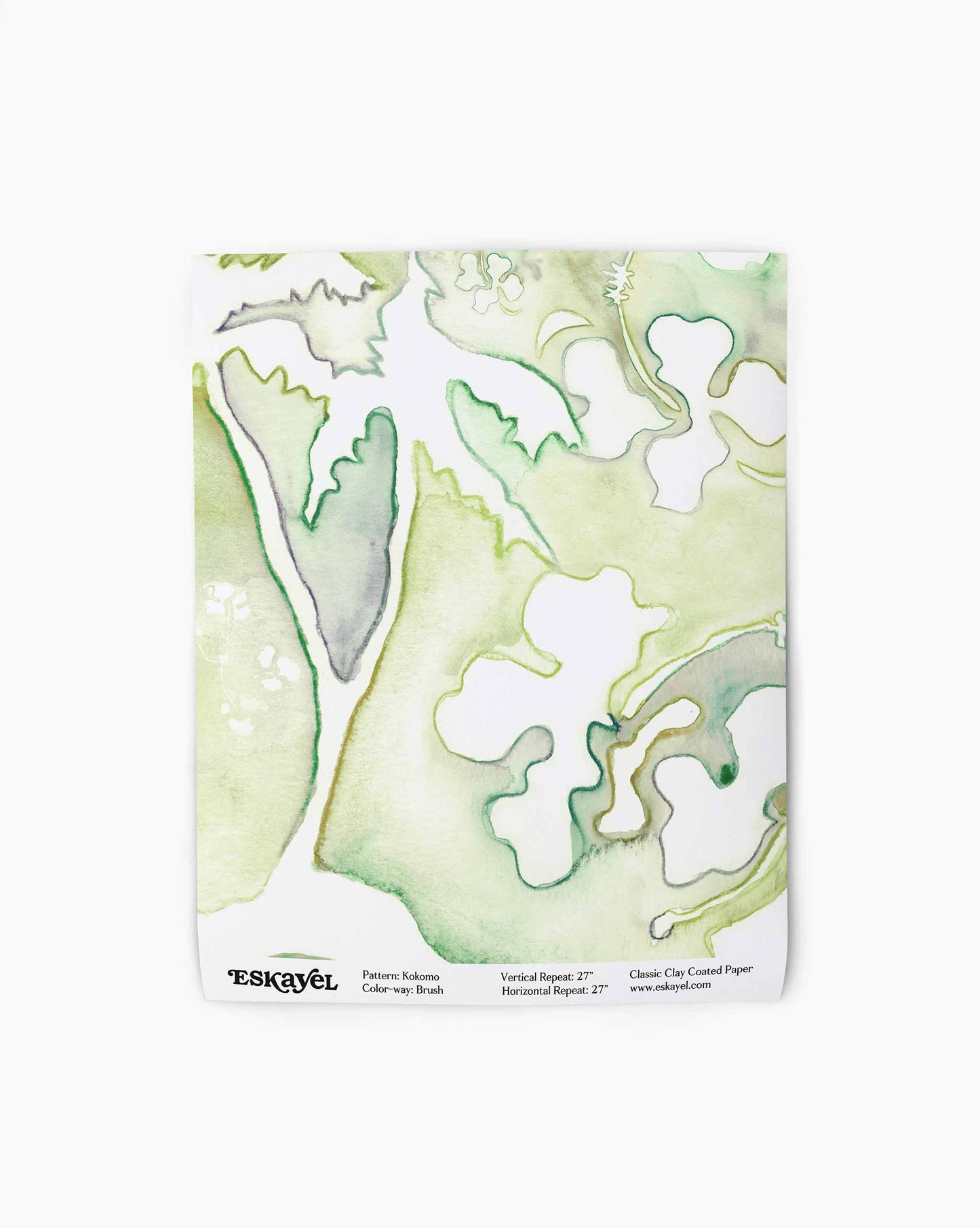 A swatch image of Kokomo's wallpaper in the colorway Brush with a palette of greens.