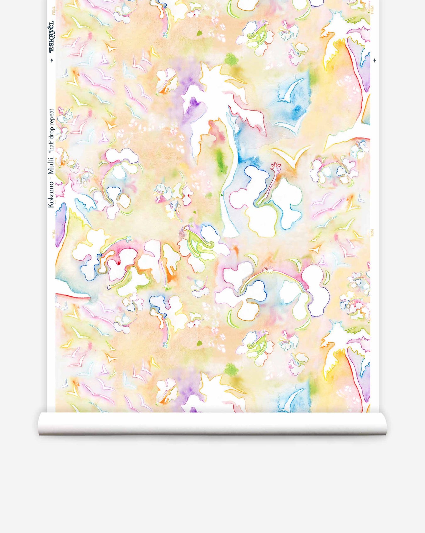 Luxurious Kokomo wallpaper from Eskayel in the Multi colorway provides a palette using bright tones.