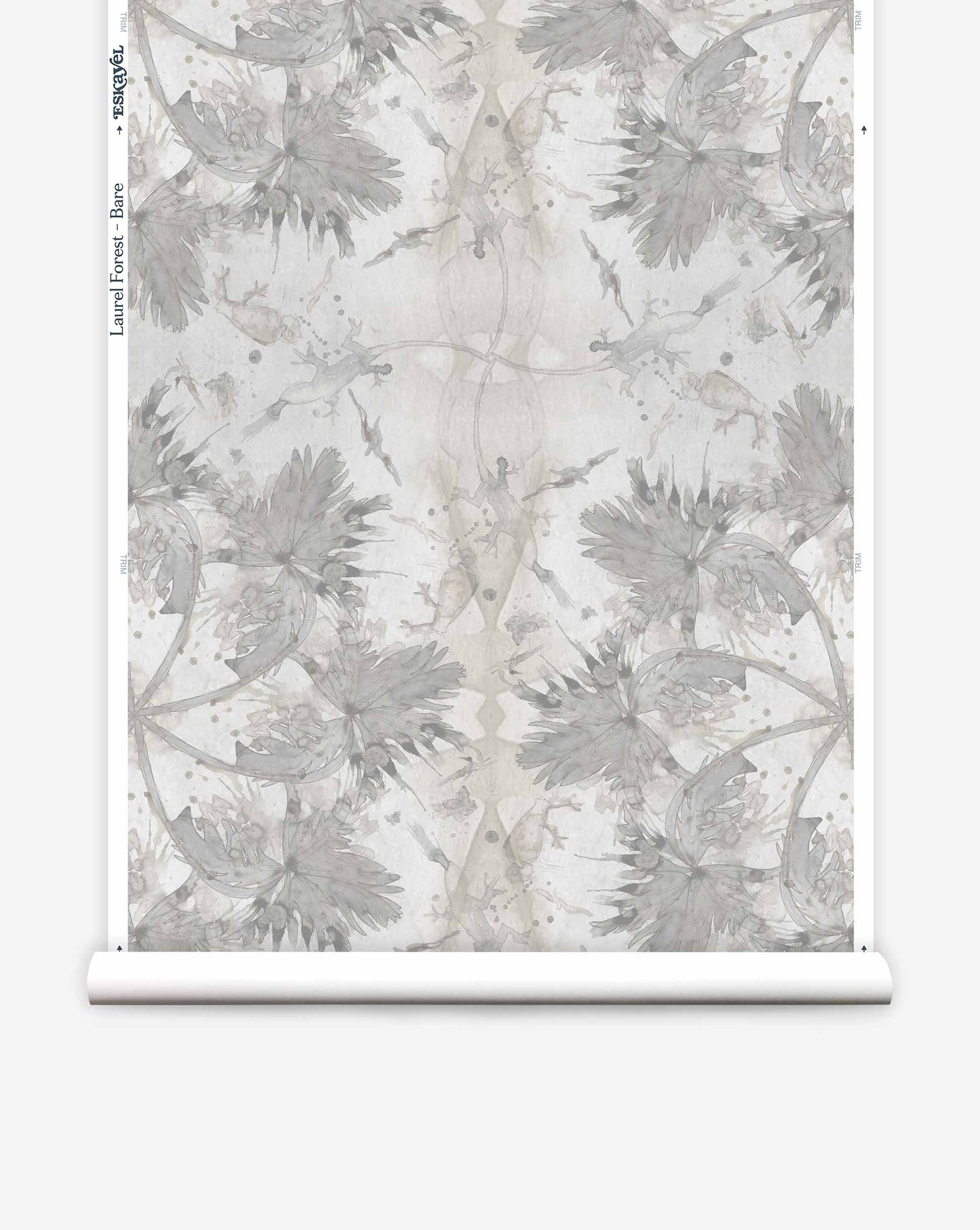 Laurel Forest Wallpaper in Bare with a grey and white floral pattern.