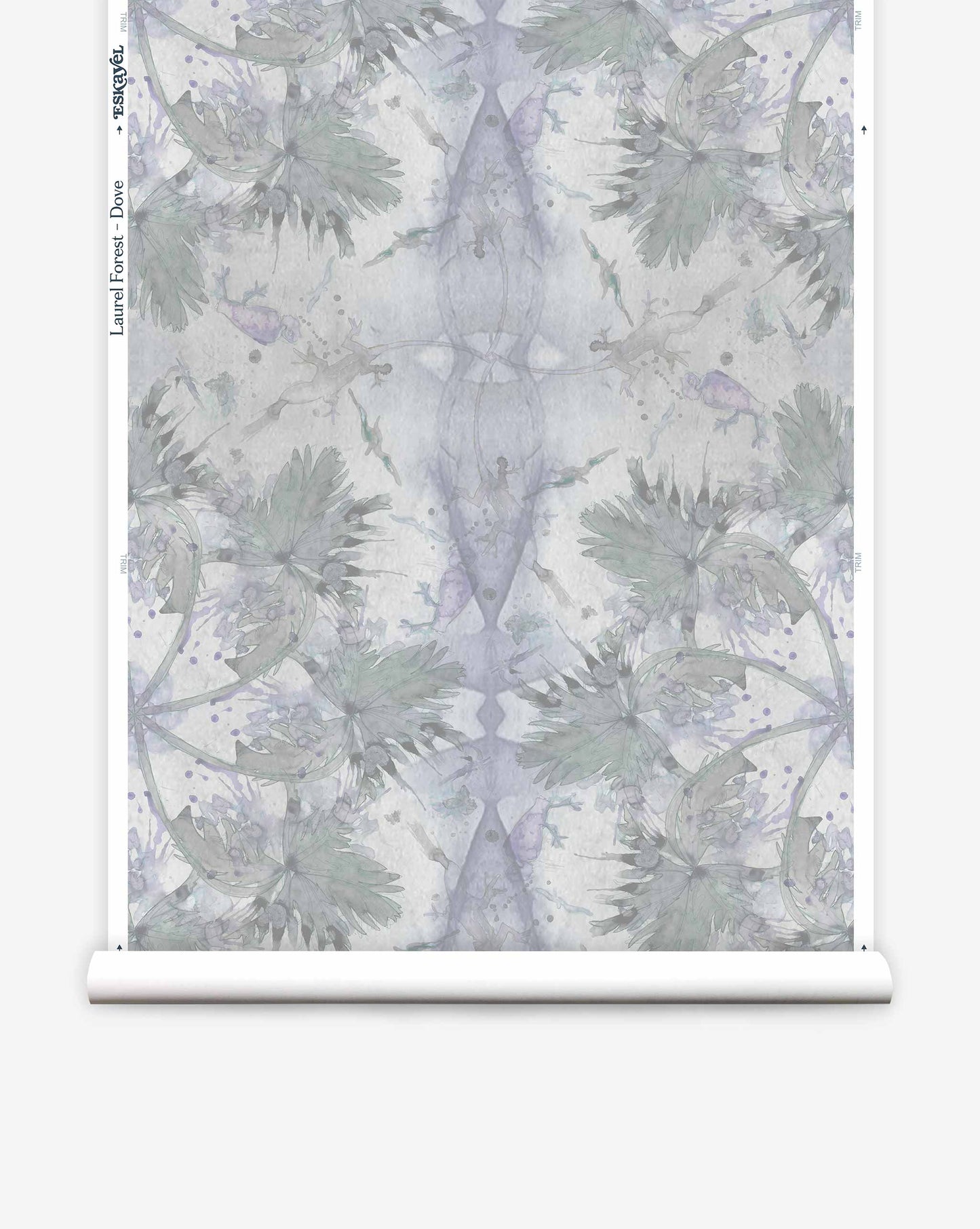 A symmetrical botanical pattern featuring leaves in soft purple and green shades on a luxury Laurel Forest Wallpaper in Dove.