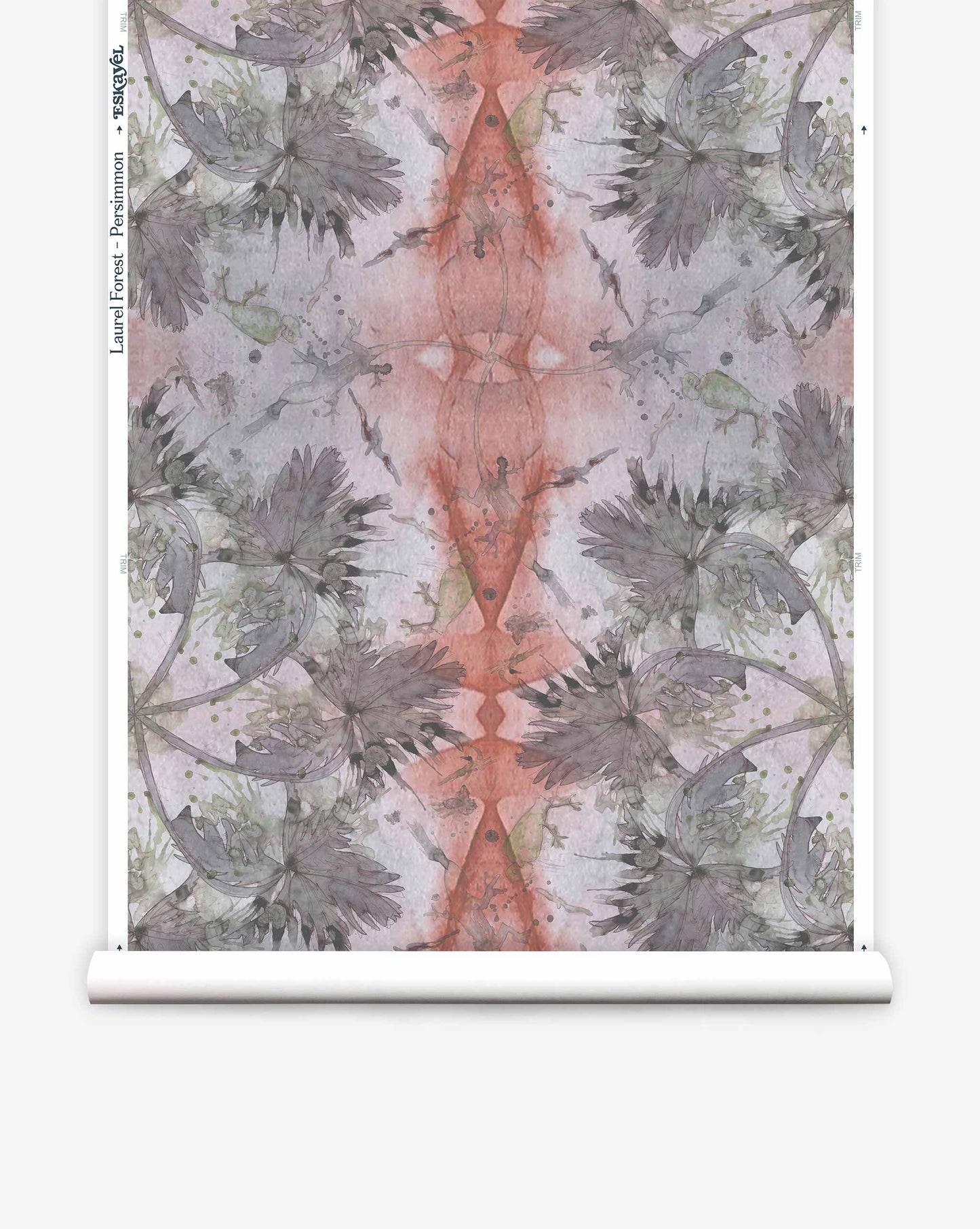 Laurel Forest Wallpaper in Persimmon, featuring an abstract floral pattern in muted colors with a symmetrical design on luxury fabric.