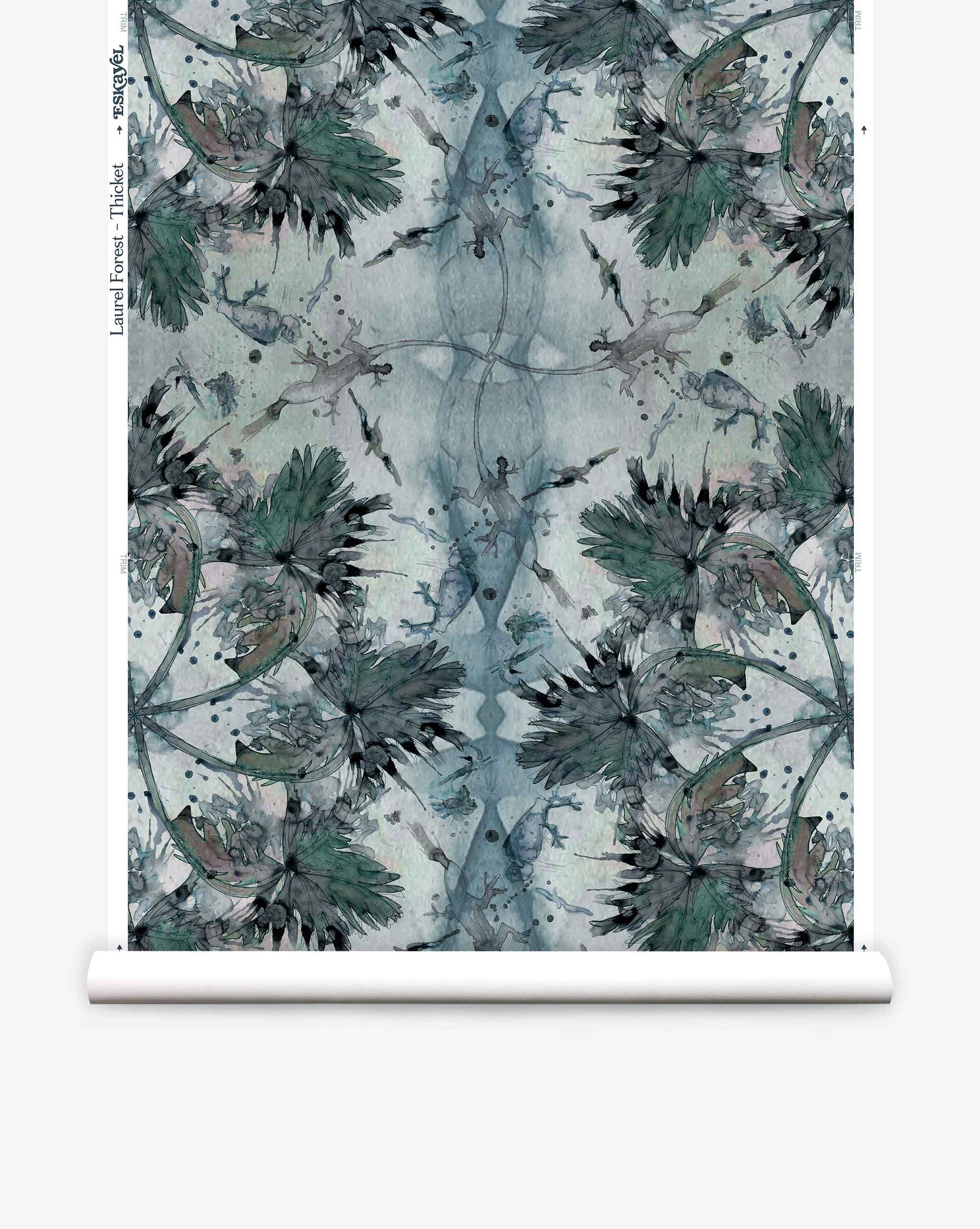 Abstract floral pattern in shades of green and blue displayed on a Laurel Forest Wallpaper||Thicket, evoking a tropical atmosphere.