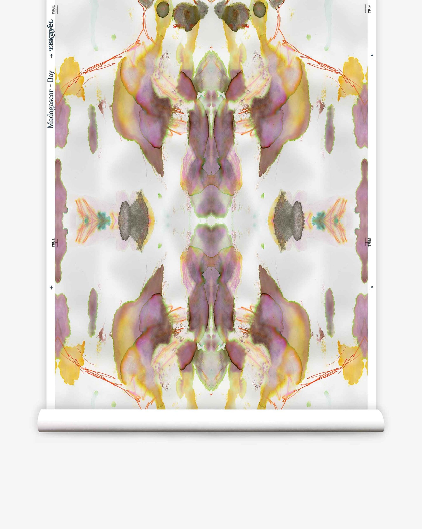 Abstract symmetrical watercolor pattern in pastel colors printed on a roll of luxury Madagascar Wallpaper||Bay, featuring a blend of yellow, green, purple, and orange hues.