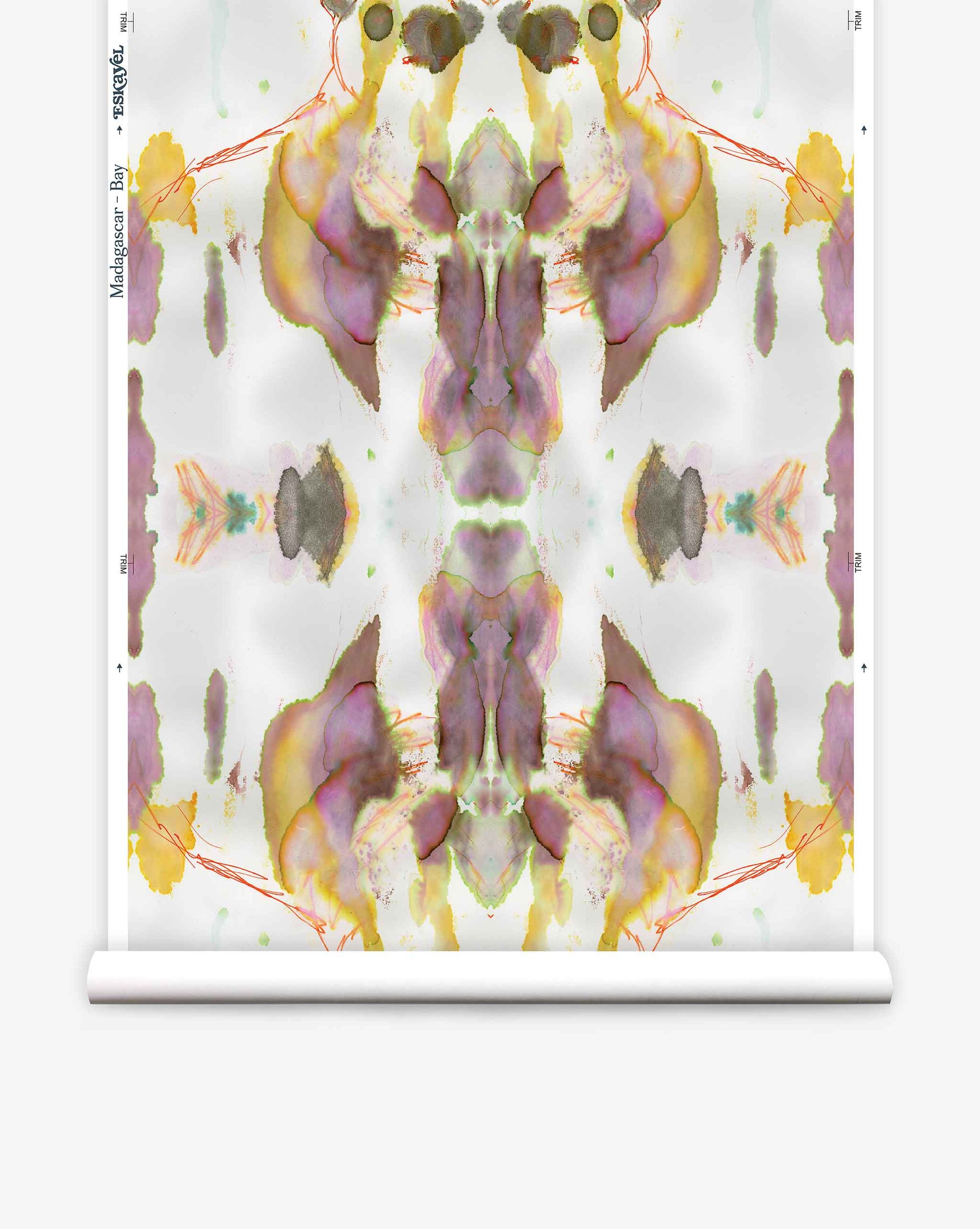 Abstract symmetrical watercolor pattern in pastel colors printed on a roll of luxury Madagascar Wallpaper||Bay, featuring a blend of yellow, green, purple, and orange hues.
