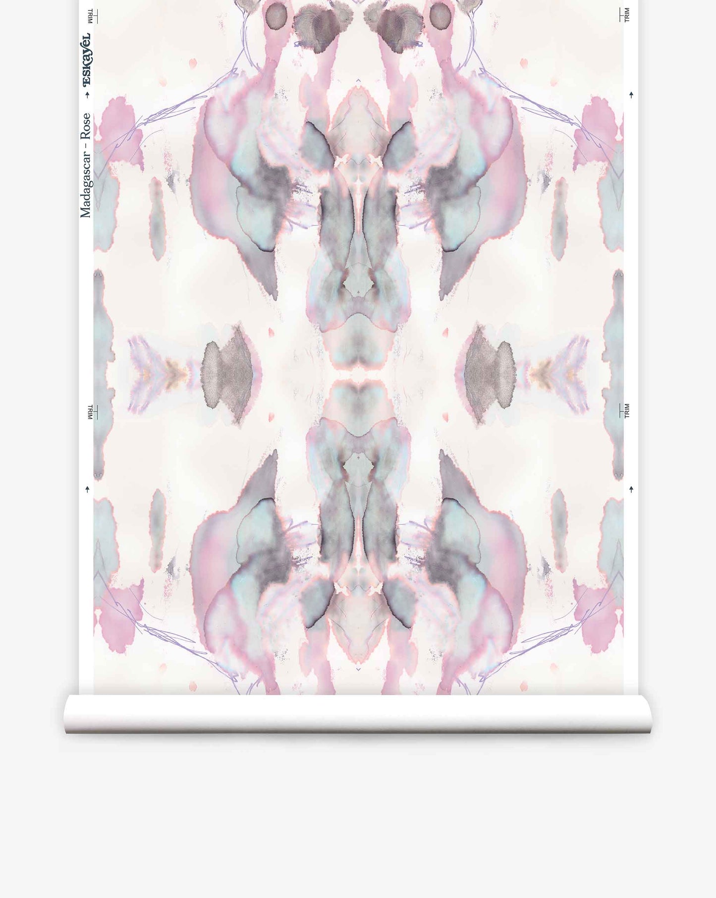 Luxury fabric Madagascar Wallpaper||Rose design in pastel colors on a scroll of paper, resembling a Rorschach test image.