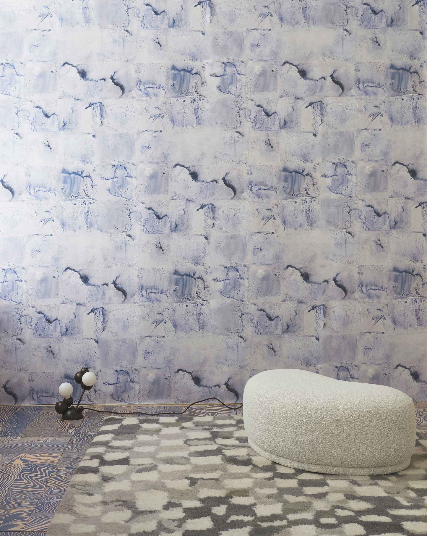 A room with Melting Checks Wallpaper Ocean, a playful ocean colorway and textured modern spirit