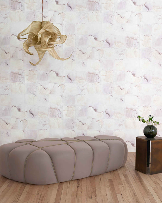 A living room with a white wall and Melting Checks Wallpaper Sol