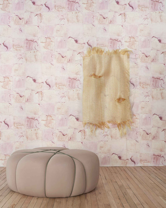 A room with high-end Melting Checks Wallpaper Terracotta color options and a pink ottoman