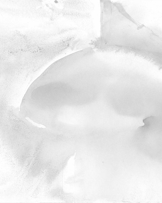 Abstract grayscale watercolor painting with soft, fluid shapes and scattered speckles, resembling the Mod Wallpaper Mural in Birch.