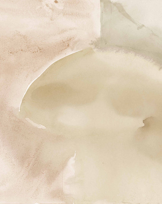 Abstract watercolor painting featuring soft beige and white tones with subtle green accents, showing fluid shapes and textures. This piece embodies the essence of the Mod Wallpaper Mural||Flax, adding sophistication to any modern interior.