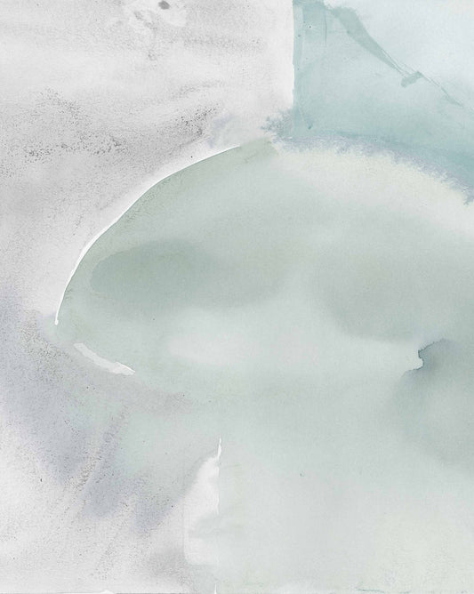 Abstract watercolor painting with soft, blended patches of Mod Wallpaper Mural Spruce and gray forming a gentle, sweeping curve.
