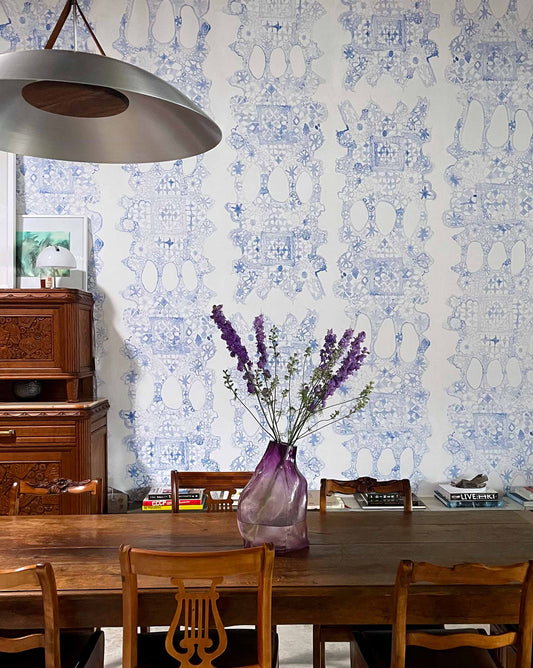 Nonna’s Lace in Fresco Blue is a large-scale non-repeating wallpaper in blue tones based on an heirloom lace pattern.