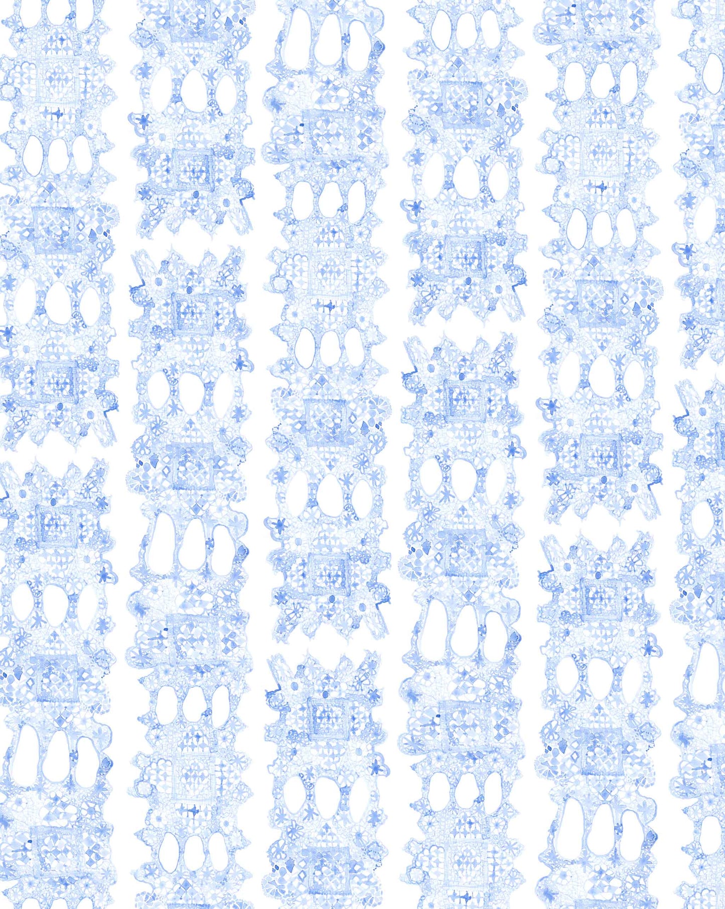 Nonna's Lace Wallpaper in Fresco Blue features vertical rows of intricate, lace-like light blue patterns evenly repeated on a white background.